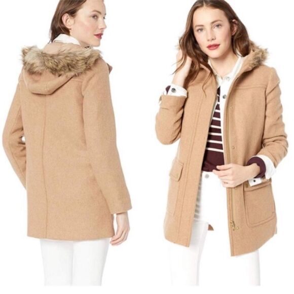 J. Crew Vail Parka Faux Fur Trim Hood Wool Blend Acorn Tan Hooded Coat - Picture 1 of 15